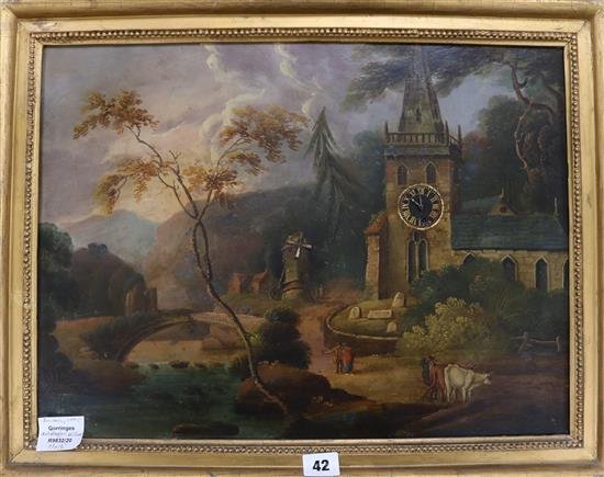 A 19th century Swiss School, oil on canvas, Landscape with church, the church tower with watch, 36 x 48cm excl. frame